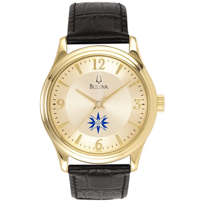 Men's Bulova Gold/Black Moravian Greyhounds Stainless Steel Watch with Leather Band