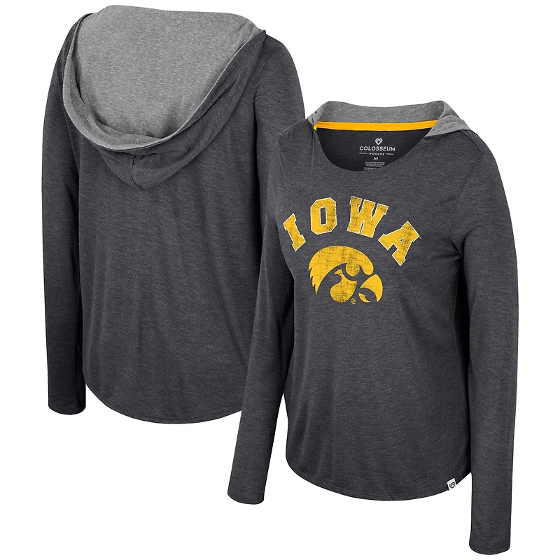 Women's Colosseum Black Iowa Hawkeyes Distressed Heather Long Sleeve Hoodie T-Shirt
