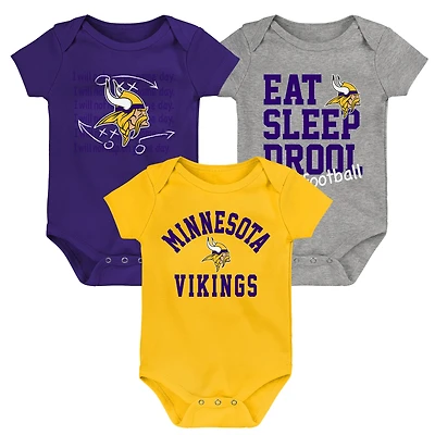 Newborn & Infant Purple/Gold/Heather Gray Minnesota Vikings Three-Pack Eat, Sleep & Drool Retro Bodysuit Set