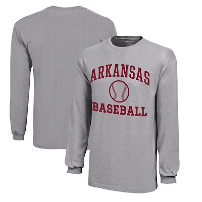 Youth Champion  Gray Arkansas Razorbacks Icon Logo Long Sleeve Baseball T-Shirt