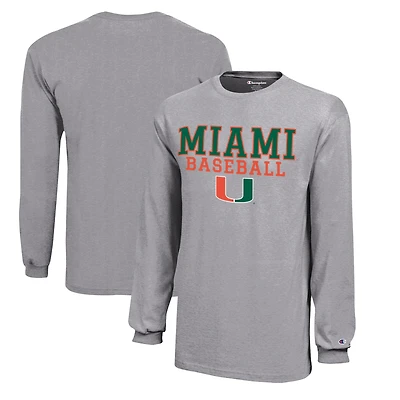 Youth Champion Gray Miami Hurricanes Stacked Logo Long Sleeve Baseball T-Shirt
