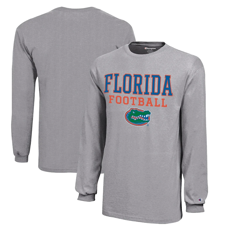 Youth Champion  Gray Florida Gators Stacked Logo Long Sleeve Football T-Shirt