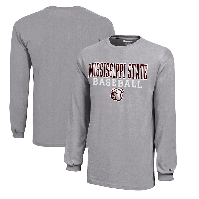 Youth Champion Gray Mississippi State Bulldogs Stacked Logo Long Sleeve Baseball T-Shirt