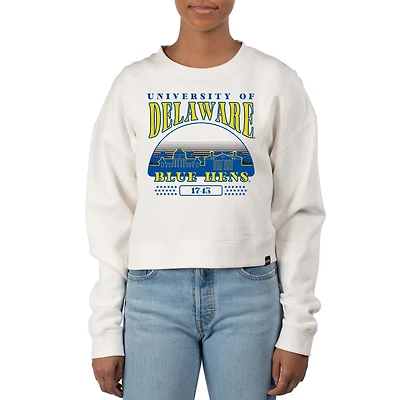 Women's Uscape Apparel Cream Delaware Fightin' Blue Hens Pigment Dyed Local Skyline Fleece Crop Crewneck Sweatshirt