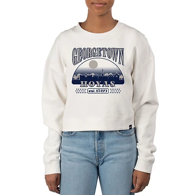 Women's Uscape Apparel Cream Georgetown Hoyas Pigment Dyed Local Skyline Fleece Crop Crewneck Sweatshirt
