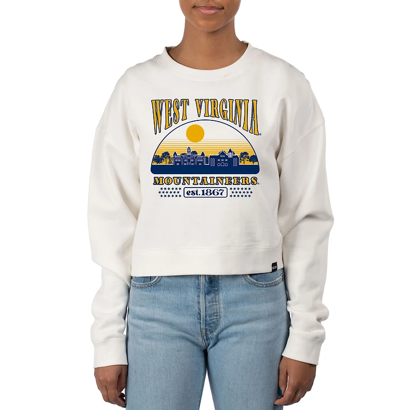Women's Uscape Apparel Cream West Virginia Mountaineers Pigment Dyed Local Skyline Fleece Crop Crewneck Sweatshirt