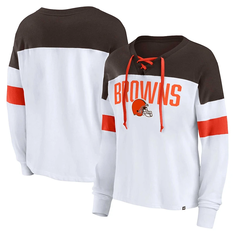 Women's Fanatics White/Brown Cleveland Browns Plus Size Even Match Lace-Up Long Sleeve V-Neck Top