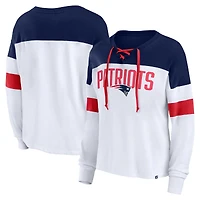 Women's Fanatics White/Navy New England Patriots Plus Size Even Match Lace-Up Long Sleeve V-Neck Top