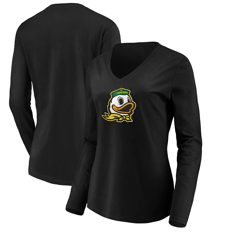 Women's Black Oregon Ducks Primary Logo V-Neck Long Sleeve T-Shirt