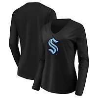 Women's Black Seattle Kraken Primary Logo V-Neck Long Sleeve T-Shirt