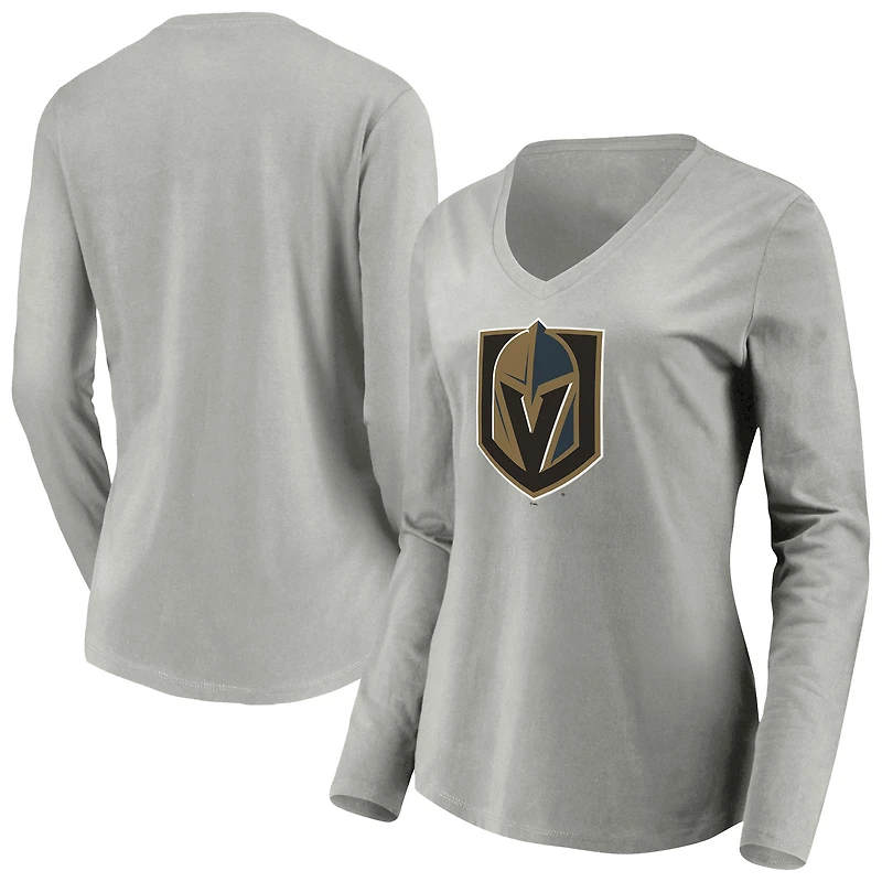 Women's Gray Vegas Golden Knights Primary Logo V-Neck Long Sleeve T-Shirt