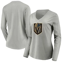 Women's Gray Vegas Golden Knights Primary Logo V-Neck Long Sleeve T-Shirt