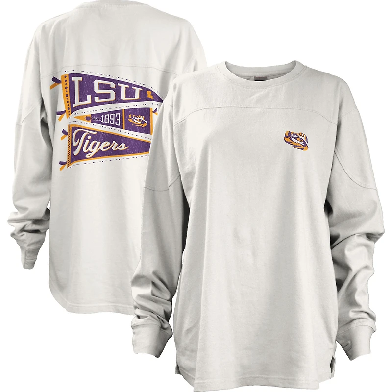 Women's Pressbox White LSU Tigers Pennant Stack Oversized Long Sleeve T-Shirt