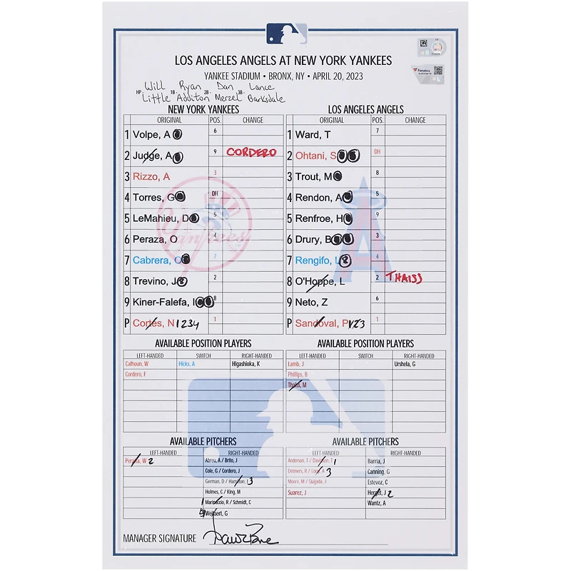 New York Yankees Game-Used Lineup Card vs. Los Angeles Angels on April 20, 2023