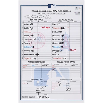 New York Yankees Game-Used Lineup Card vs. Los Angeles Angels on April 20, 2023