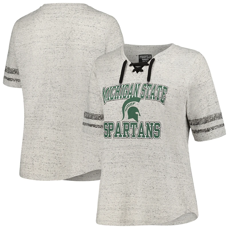 Women's Profile Heather Gray Michigan State Spartans Plus Size Striped Lace-Up V-Neck T-Shirt