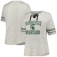 Women's Profile Heather Gray Michigan State Spartans Plus Size Striped Lace-Up V-Neck T-Shirt