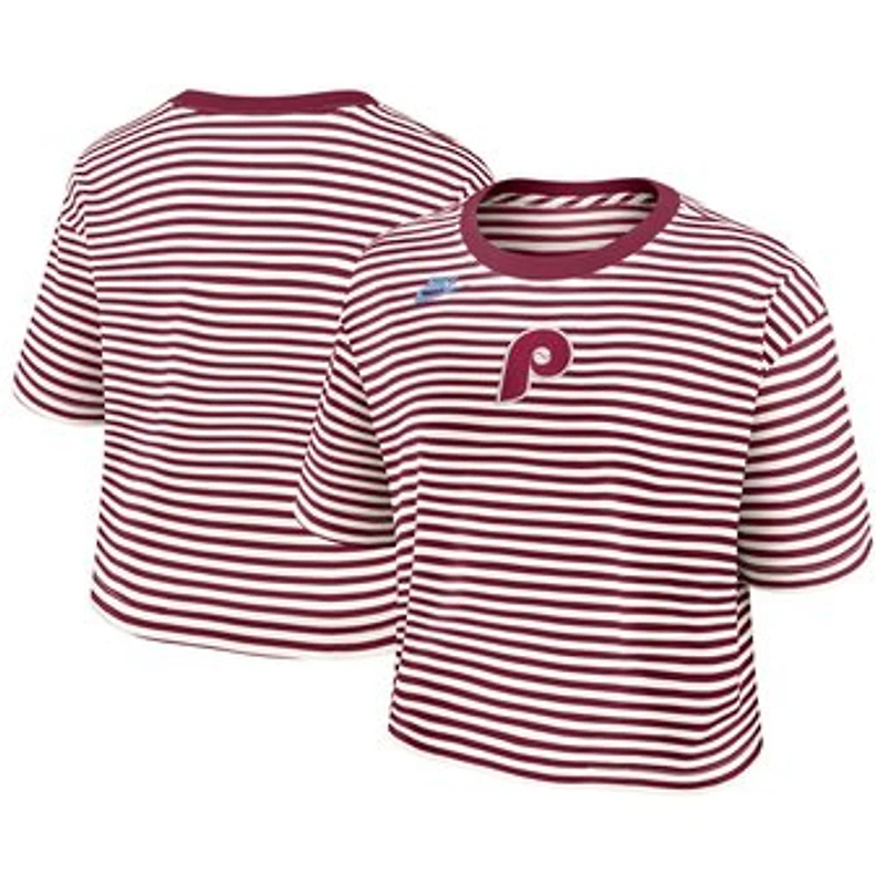 Women's Nike Burgundy/Cream Philadelphia Phillies Cooperstown Collection Striped Cropped T-Shirt