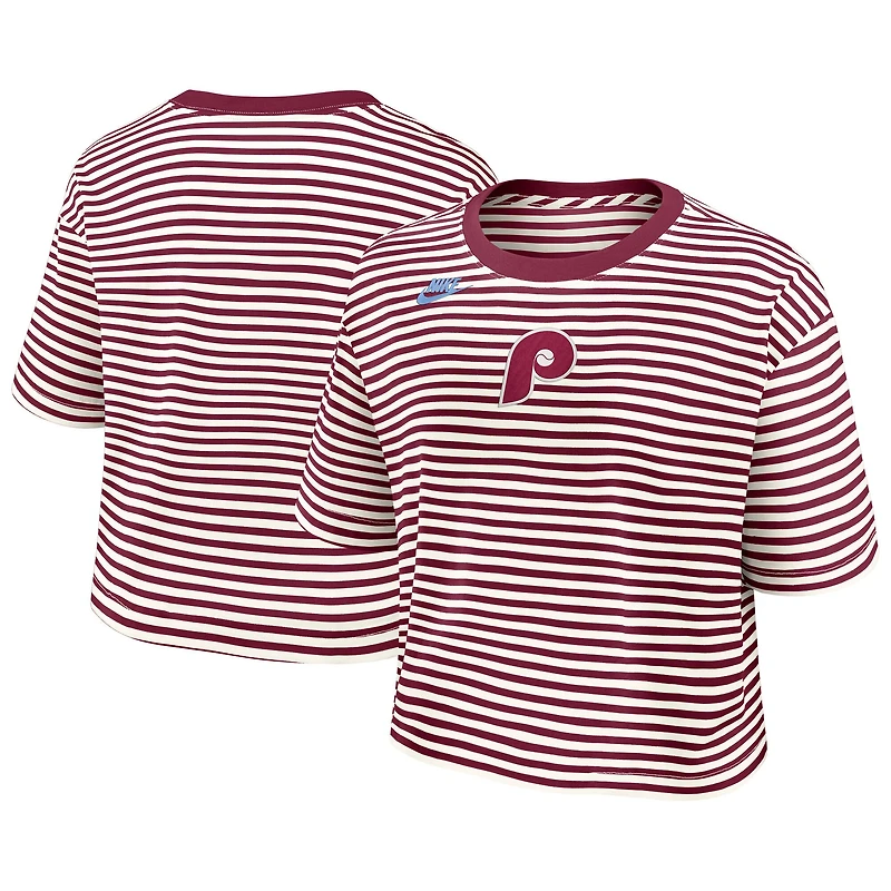 Women's Nike Burgundy/Cream Philadelphia Phillies Cooperstown Collection Striped Cropped T-Shirt