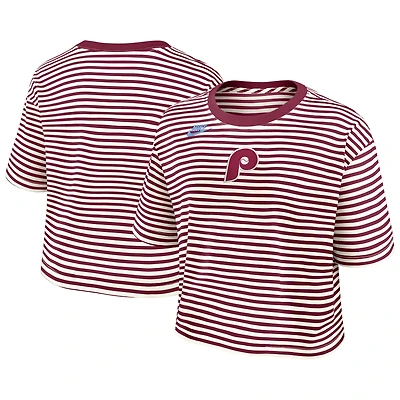 Women's Nike Burgundy/Cream Philadelphia Phillies Cooperstown Collection Striped Cropped T-Shirt