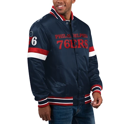 Men's Starter Navy Philadelphia 76ers Home Game Satin Full-Snap Varsity Jacket