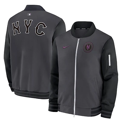 Men's Nike  Charcoal New York Mets 2024 City Connect Authentic Collection Game Time Full-Zip Bomber Jacket