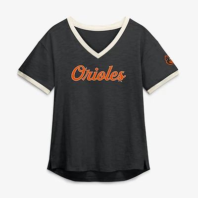 Women's Fanatics Black Baltimore Orioles Relaxed Fit Vintage Play​ Slub V-Neck Fashion Top