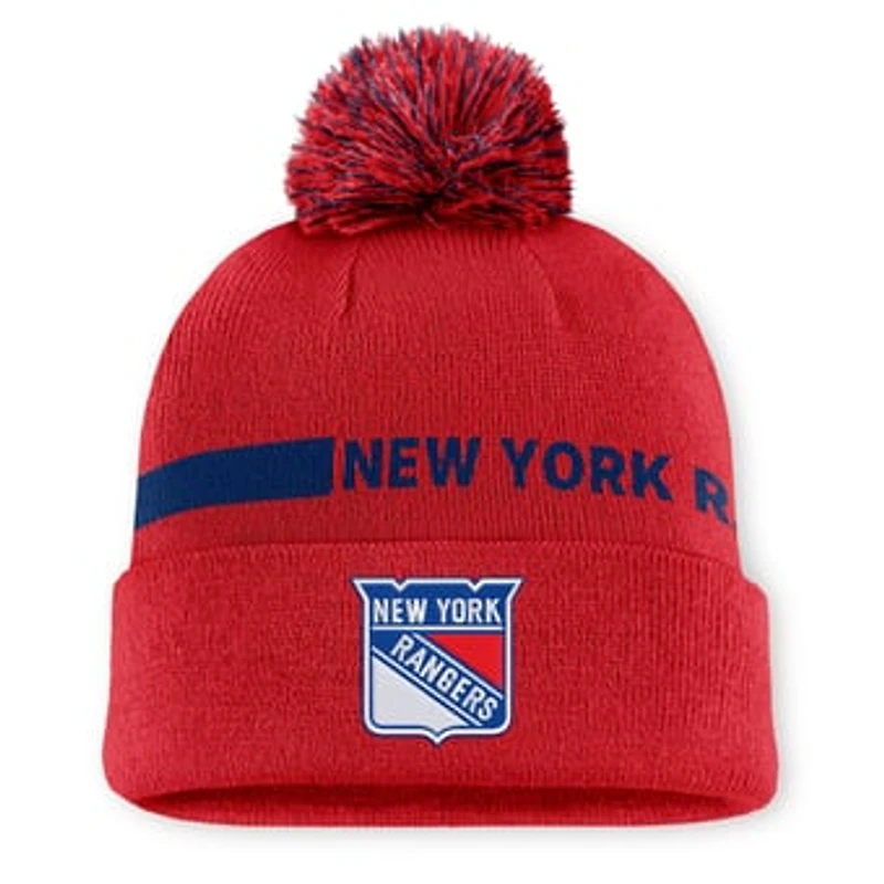 Women's Fanatics Red New York Rangers Authentic Pro Rink Cuffed Knit Hat with Pom