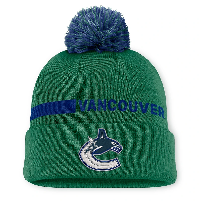 Men's Fanatics Green Vancouver Canucks Authentic Pro Rink Cuffed Knit Hat with Pom