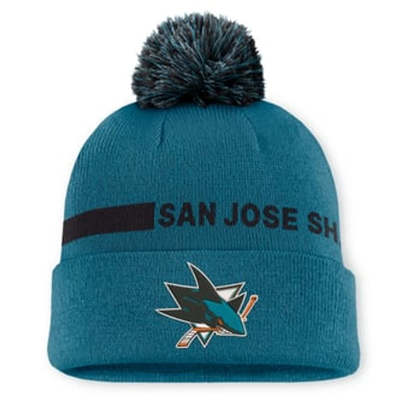 Men's Fanatics Teal San Jose Sharks Authentic Pro Rink Cuffed Knit Hat with Pom