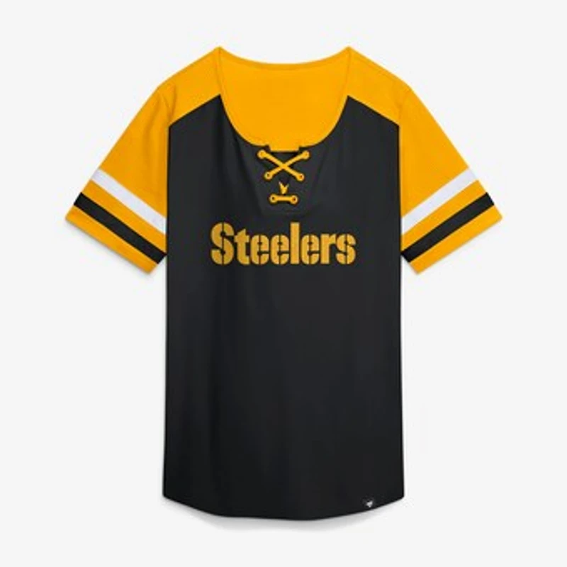 Women's Fanatics Black Pittsburgh Steelers Curl Route Athena Lace-Up T-Shirt