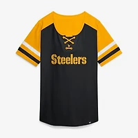 Women's Fanatics Black Pittsburgh Steelers Curl Route Athena Lace-Up T-Shirt