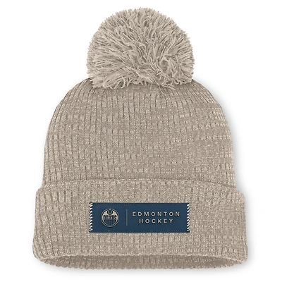 Women's Fanatics Light Beige Edmonton Oilers Authentic Pro Road Cuffed Knit Hat with Pom