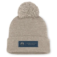 Women's Fanatics Light Beige Edmonton Oilers Authentic Pro Road Cuffed Knit Hat with Pom