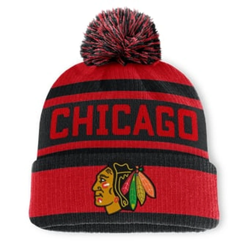 Men's Fanatics Red/Black Chicago Blackhawks Fundamental Cuffed Knit Hat with Pom