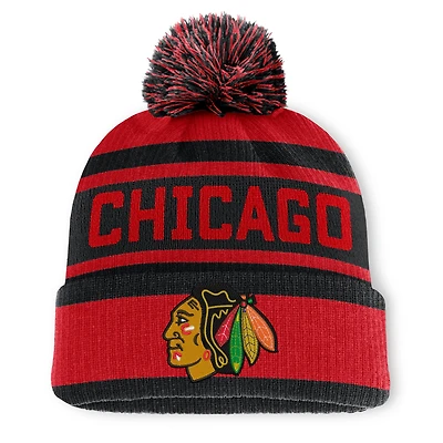 Men's Fanatics Red/Black Chicago Blackhawks Fundamental Cuffed Knit Hat with Pom