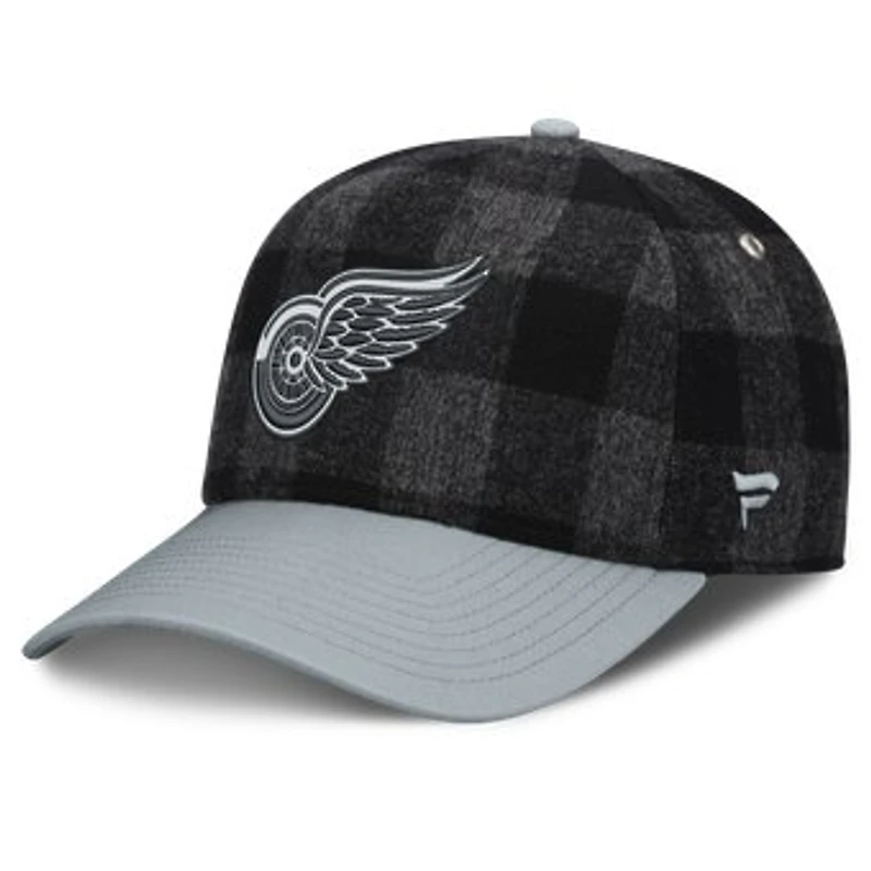 Men's Fanatics Black/Gray Detroit Red Wings Huntsman Plaid A-Frame Adjustable Hat
