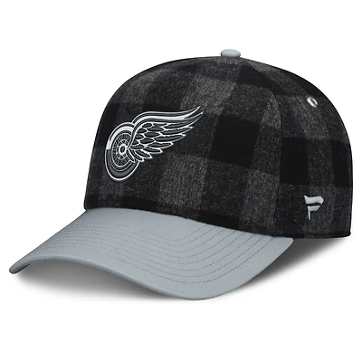 Men's Fanatics Black/Gray Detroit Red Wings Huntsman Plaid A-Frame Adjustable Hat