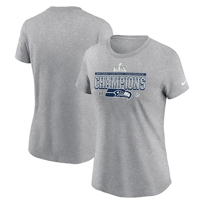 Women's Nike Heather Gray Seattle Seahawks 2025 NFC Champions Locker Room Trophy Collection T-Shirt