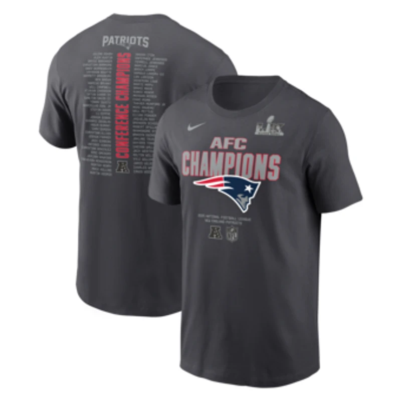 Men's Nike Anthracite New England Patriots 2025 AFC Champions Roster T-Shirt