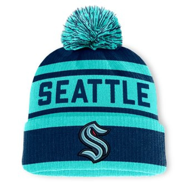 Men's Fanatics Deep Sea Blue/Light Blue Seattle Kraken Fundamental Cuffed Knit Hat with Pom