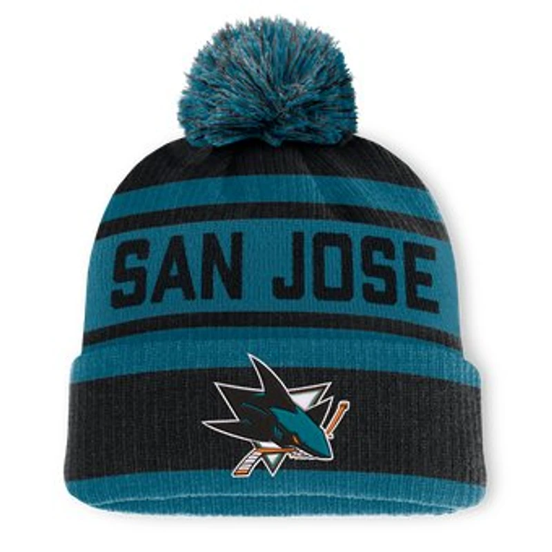 Men's Fanatics Black/Teal San Jose Sharks Fundamental Cuffed Knit Hat with Pom