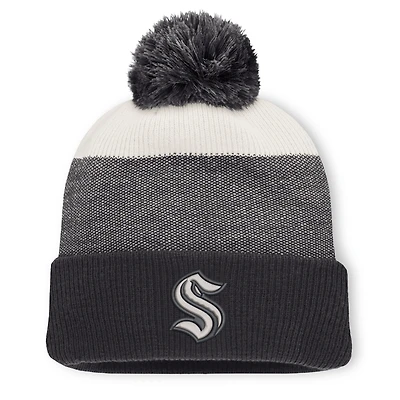 Men's Fanatics Black/Light Beige Seattle Kraken Monochrome Cuffed Knit Hat with Pom