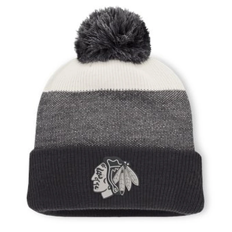 Men's Fanatics Black/Light Beige Chicago Blackhawks Monochrome Cuffed Knit Hat with Pom
