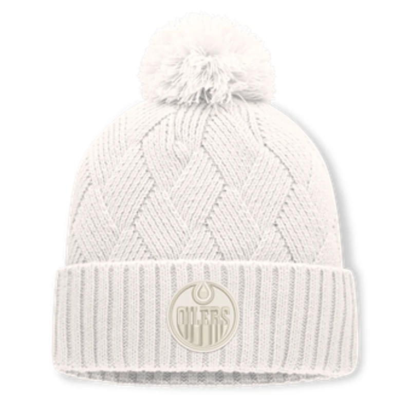 Women's Fanatics Cream Edmonton Oilers Level Up Cuffed Knit Hat with Pom