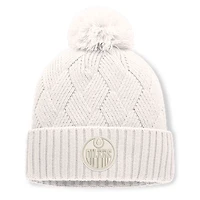 Women's Fanatics Cream Edmonton Oilers Level Up Cuffed Knit Hat with Pom