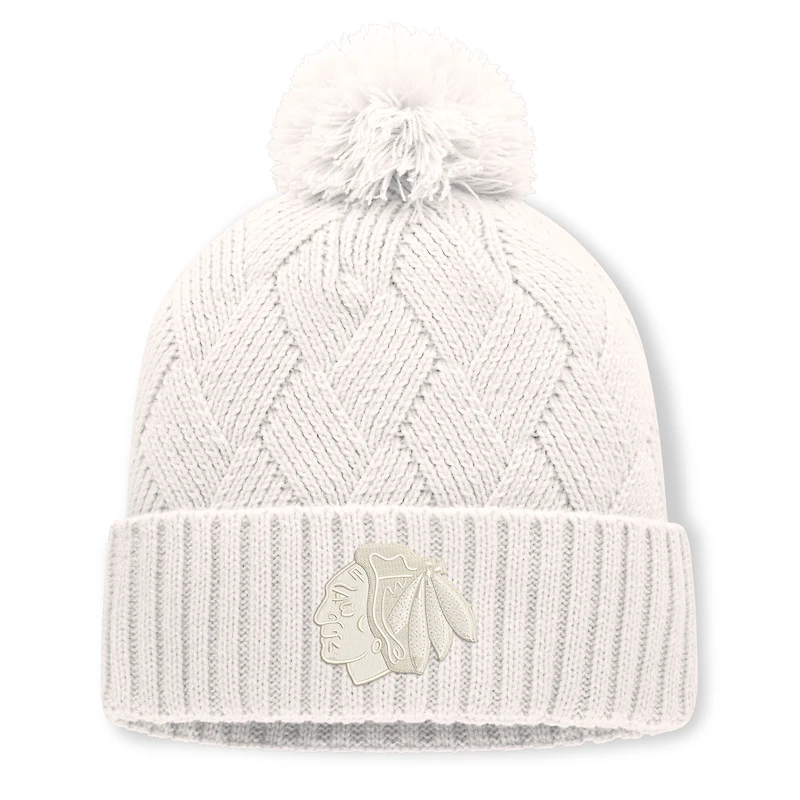 Women's Fanatics Cream Chicago Blackhawks Level Up Cuffed Knit Hat with Pom