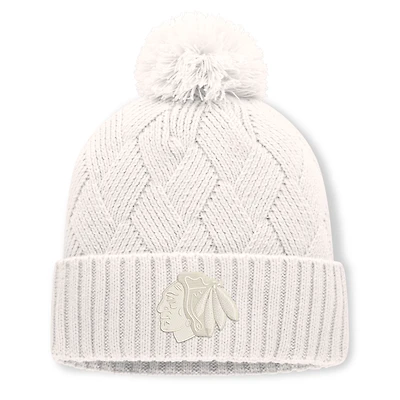 Women's Fanatics Cream Chicago Blackhawks Level Up Cuffed Knit Hat with Pom