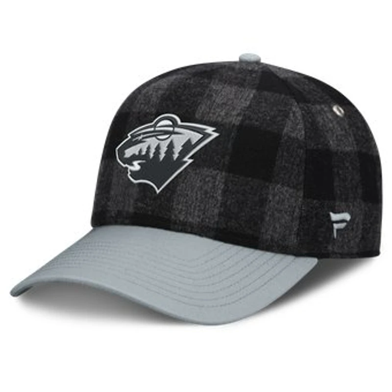 Men's Fanatics Black/Gray Minnesota Wild Huntsman Plaid A-Frame Adjustable Hat