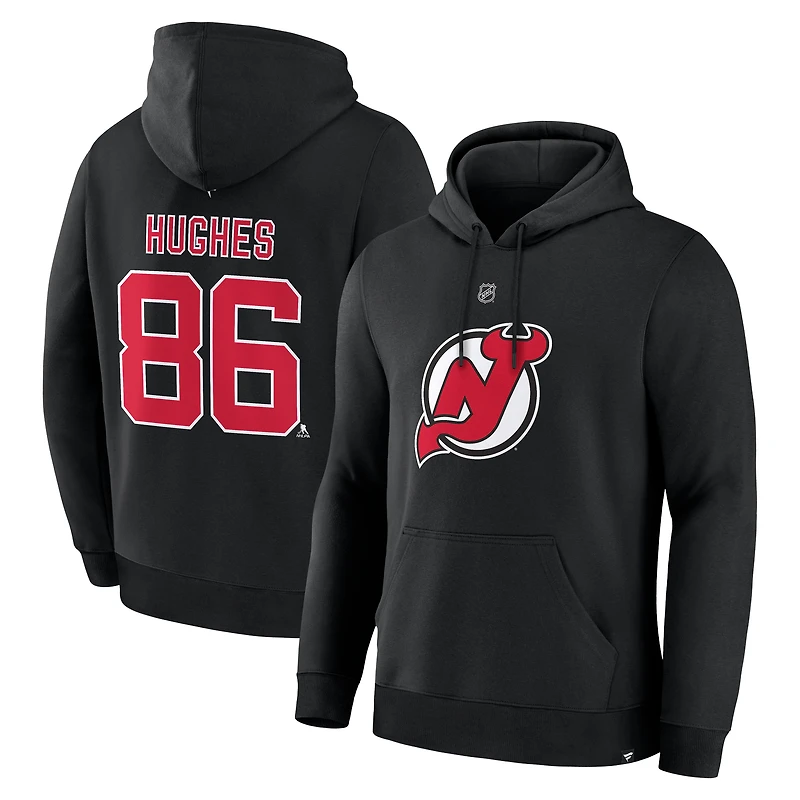 Men's Fanatics Jack Hughes Black New Jersey Devils Authentic Stack Name & Number Hoodie
